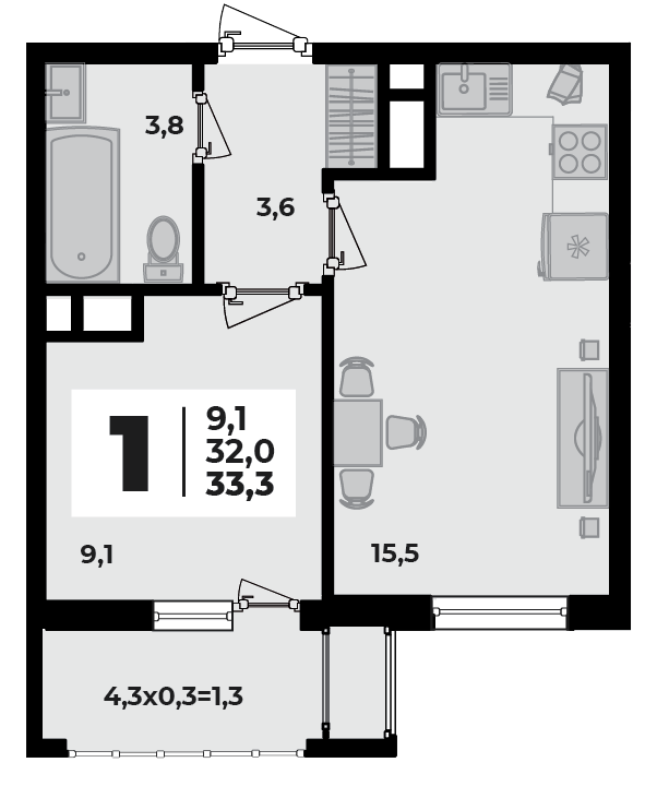 Планировка 1-комнатная, 33.3 м²