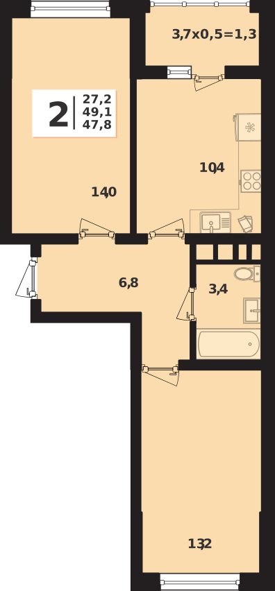 Планировка 2-комнатная, 49.1 м²