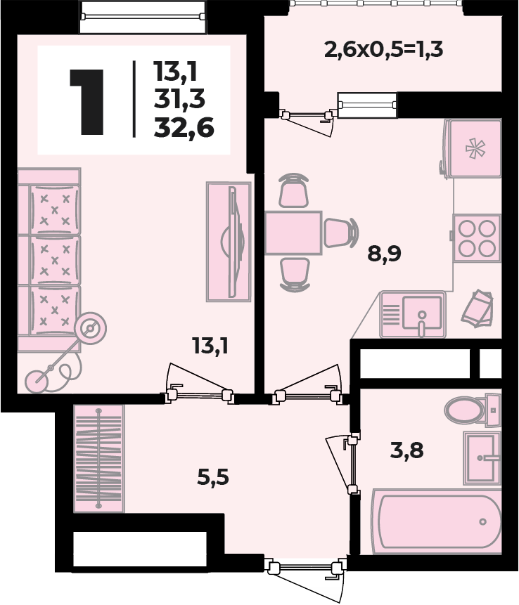 Планировка 1-комнатная, 32.6 м²