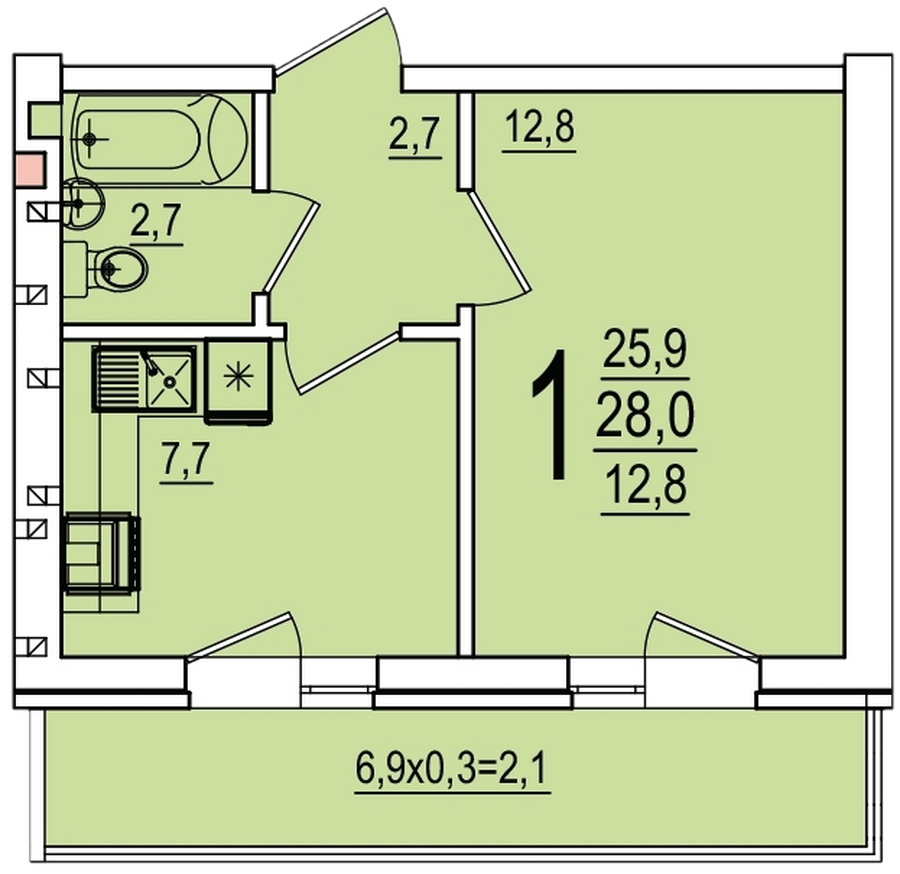 Планировка 1-комнатная, 28 м²
