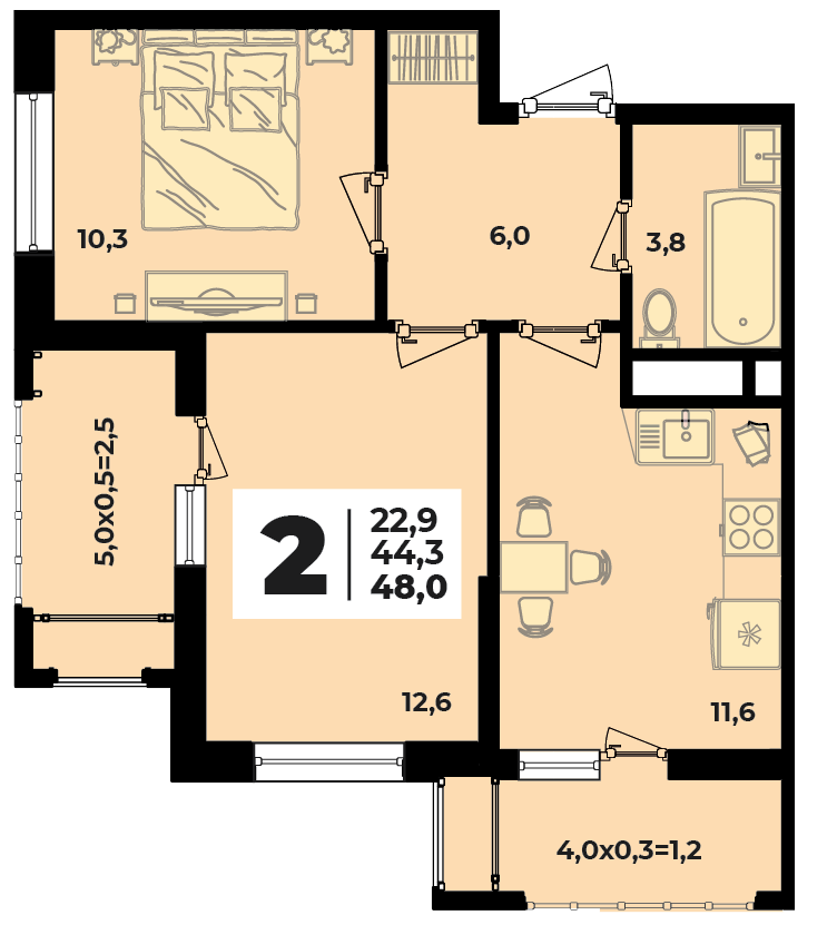 Планировка 2-комнатная, 48 м²