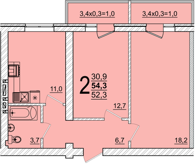 Планировка 2-комнатная, 54.3 м²
