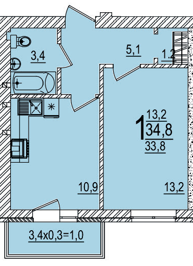 Планировка 1-комнатная, 34.8 м²