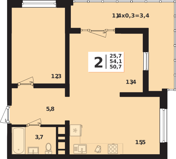 Планировка 2-комнатная, 54.1 м²