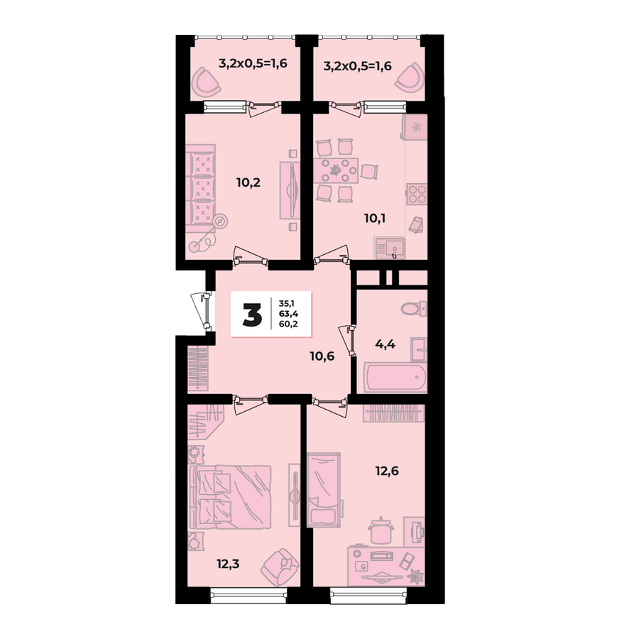 Планировка 3-комнатная, 63.4 м²