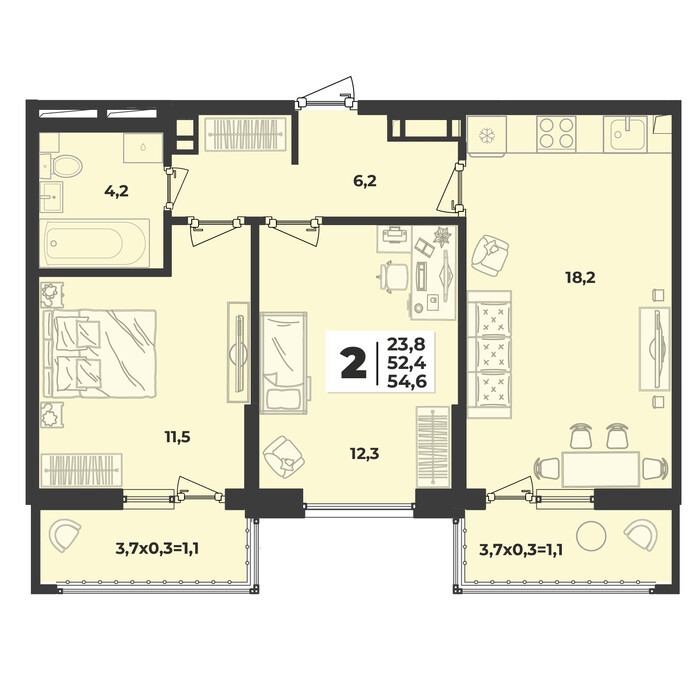 Планировка 2-комнатная, 54.6 м²