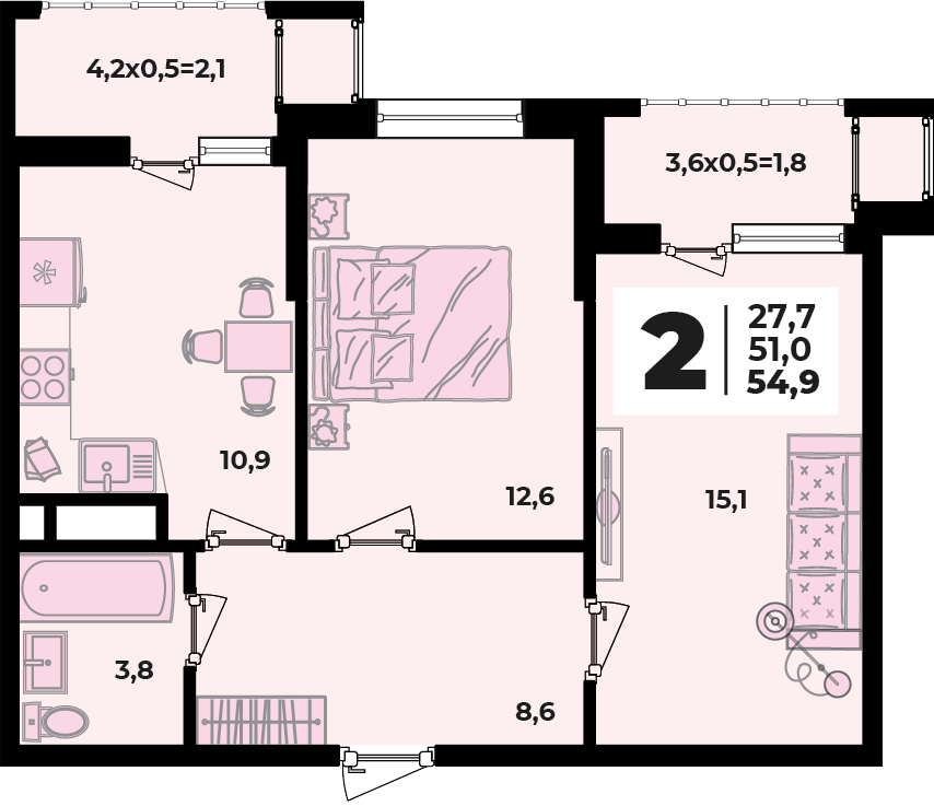 Планировка 2-комнатная, 54.9 м²
