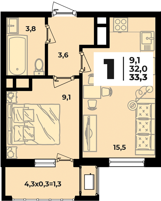 Планировка 1-комнатная, 33.3 м²