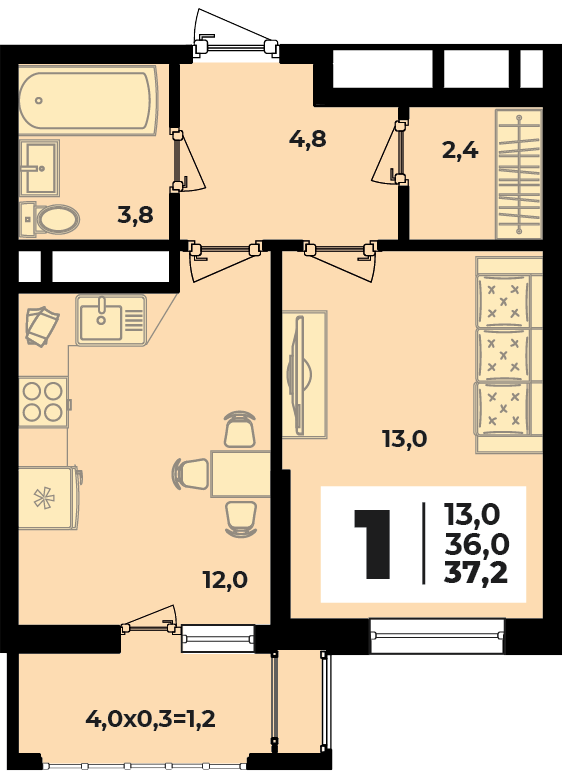 Планировка 1-комнатная, 37.2 м²