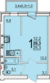 Планировка 1-комнатная, 26.3 м²