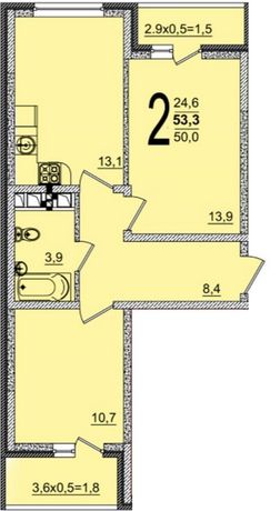 Планировка 2-комнатная, 53.3 м²