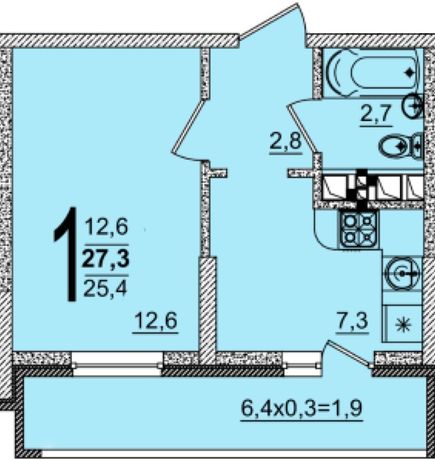 Планировка 1-комнатная, 27.3 м²
