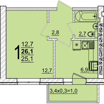 Планировка 1-комнатная, 26.1 м²