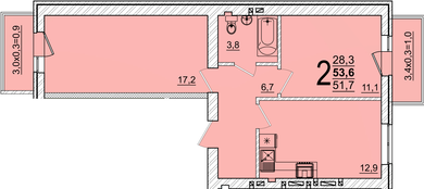 Планировка 2-комнатная, 53.6 м²