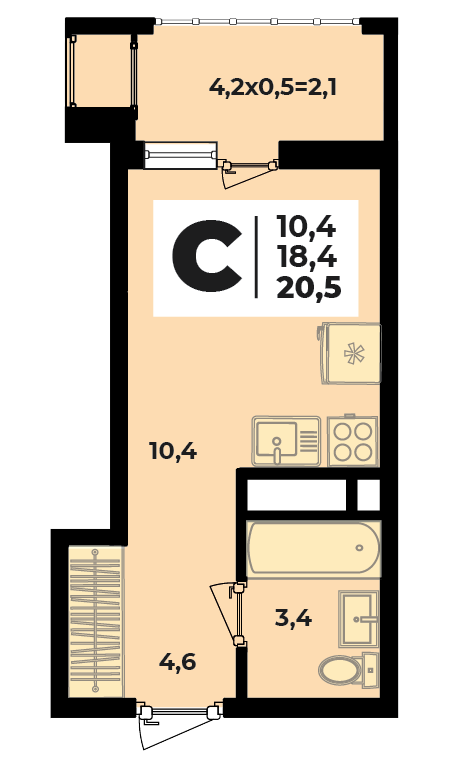 Планировка Студия, 20.5 м²