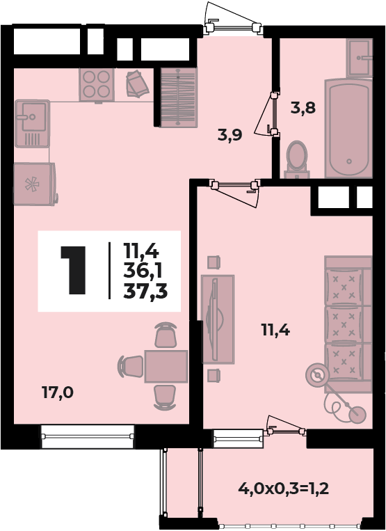 Планировка 1-комнатная, 37.3 м²