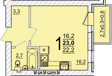 Планировка 1-комнатная, 23 м²