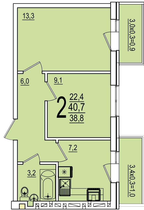 Планировка 2-комнатная, 40.7 м²