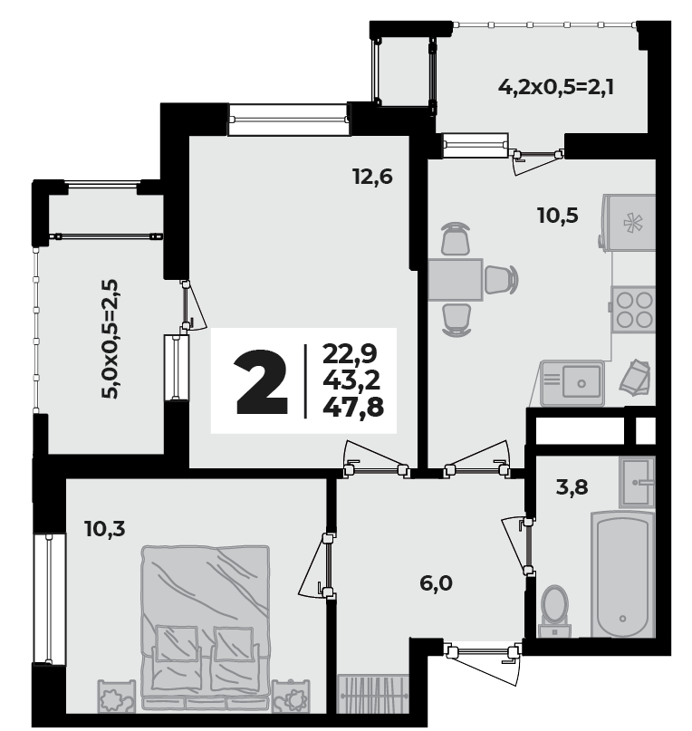 Планировка 2-комнатная, 47.8 м²