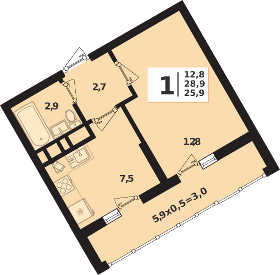 Планировка 1-комнатная, 28.9 м²