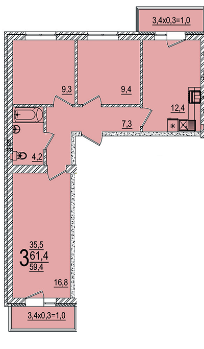 Планировка 3-комнатная, 61.4 м²