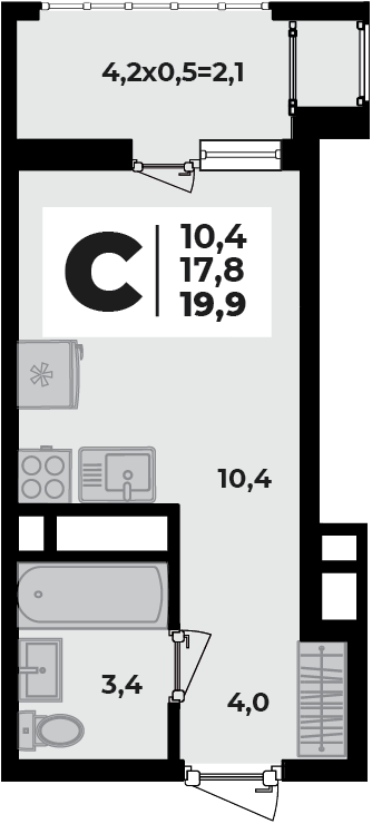 Планировка Студия, 19.9 м²