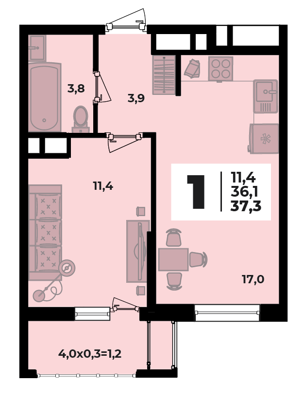 Планировка 1-комнатная, 37.3 м²