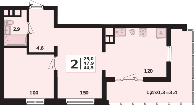 Планировка 2-комнатная, 47.9 м²