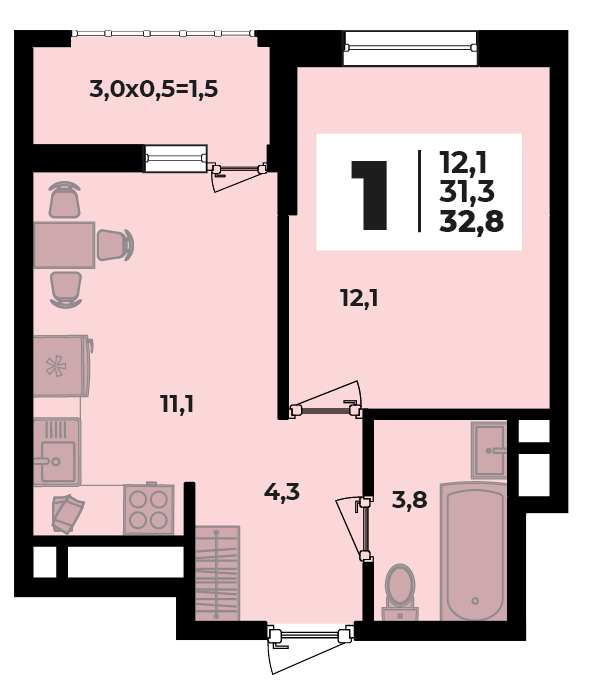 Планировка 1-комнатная, 32.8 м²