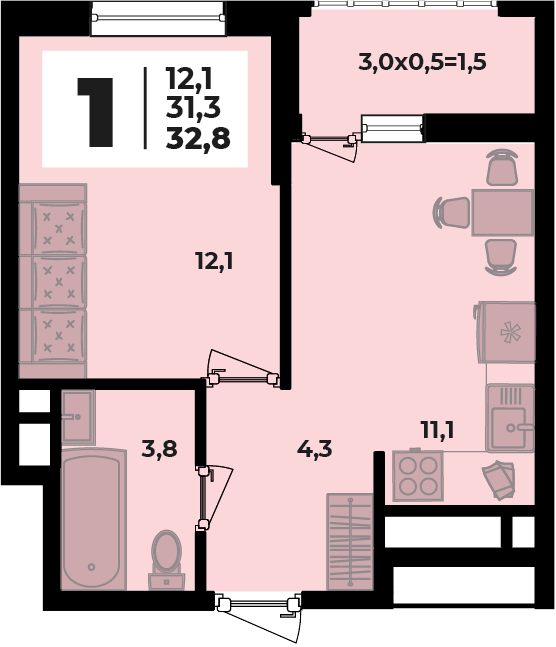 Планировка 1-комнатная, 32.8 м²