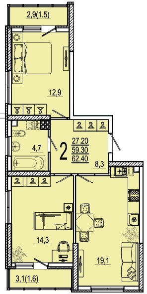 Планировка 2-комнатная, 62.4 м²
