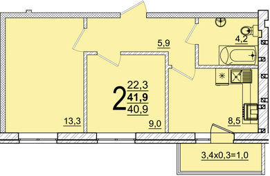 Планировка 2-комнатная, 41.9 м²