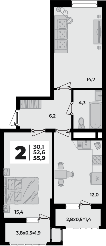 Планировка 2-комнатная, 55.9 м²