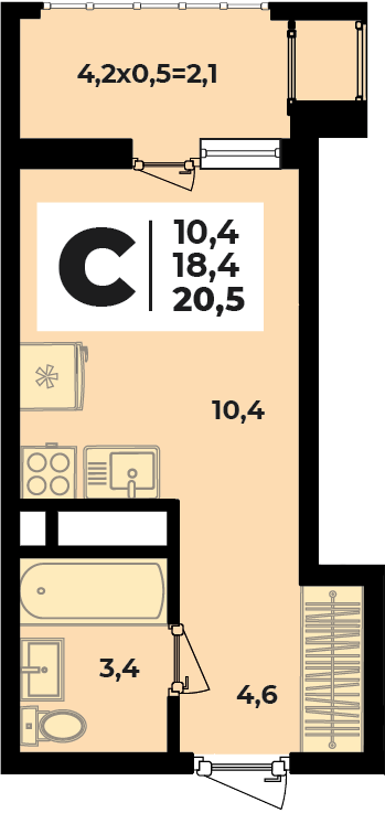 Планировка Студия, 20.5 м²