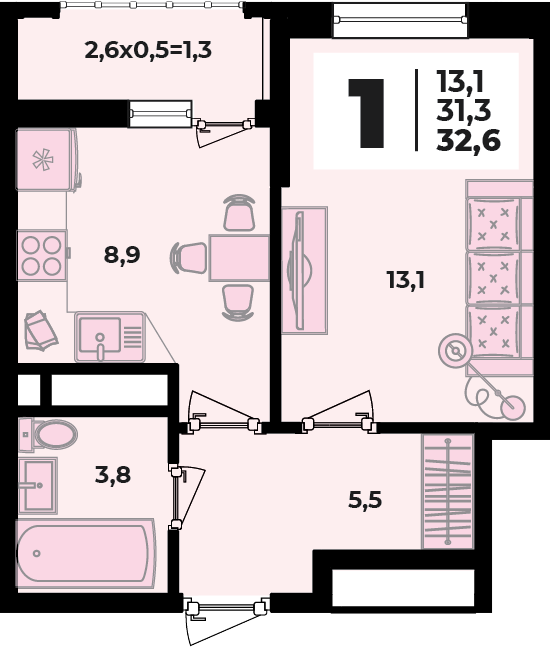 Планировка 1-комнатная, 32.6 м²