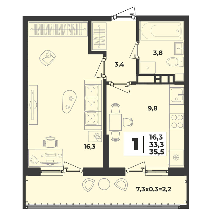 Планировка 1-комнатная, 35.5 м²