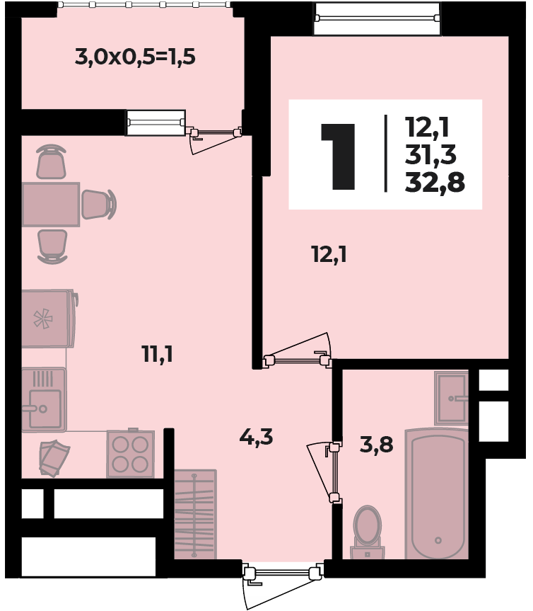 Планировка 1-комнатная, 32.8 м²