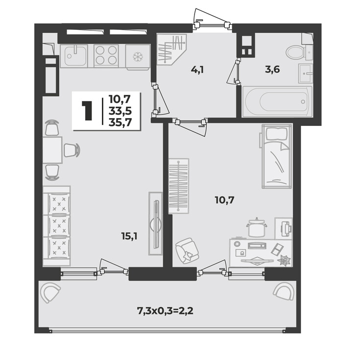 Планировка 1-комнатная, 35.7 м²