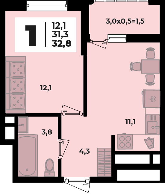 Планировка 1-комнатная, 32.8 м²