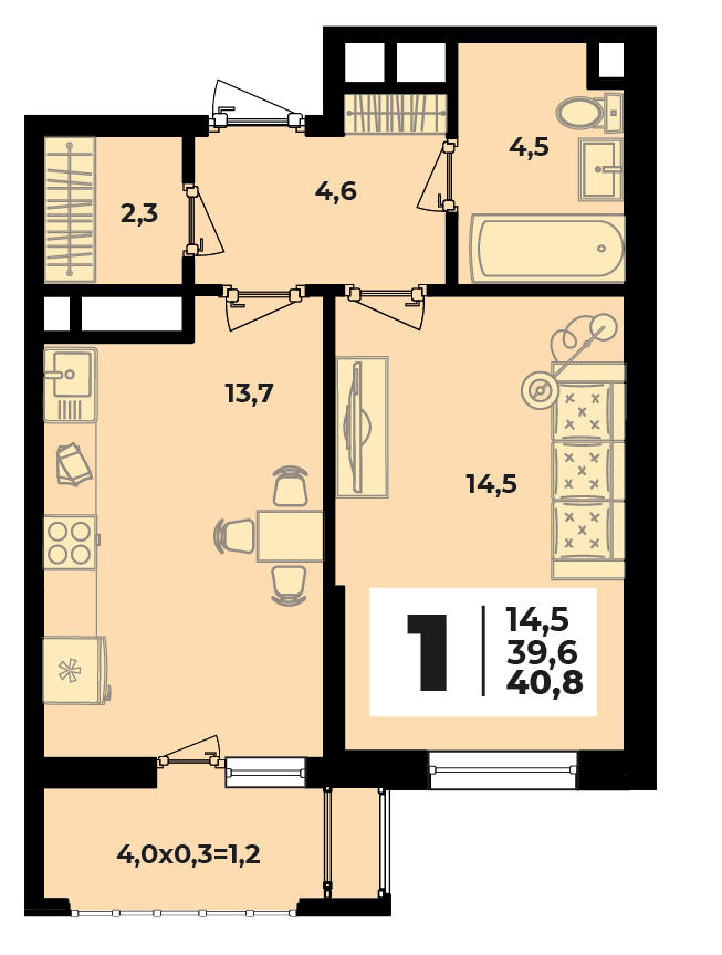 Планировка 1-комнатная, 40.8 м² Планировка 1-комнатная, 40.8 м²