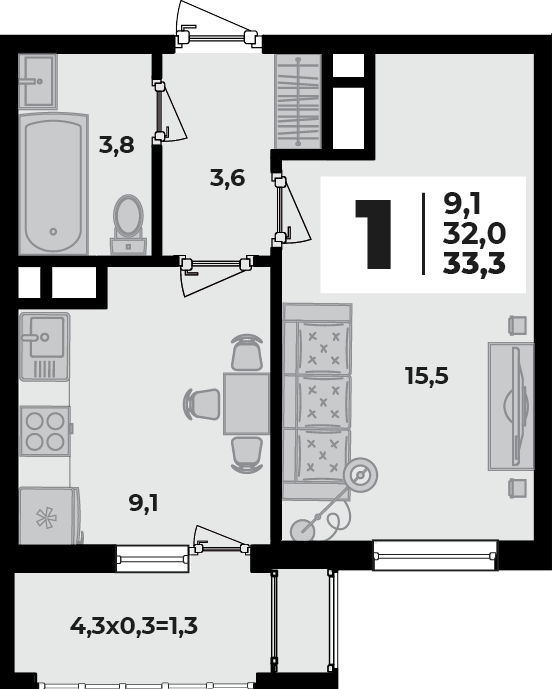 Планировка 1-комнатная, 33.3 м²