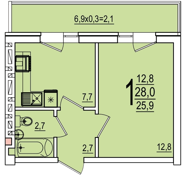 Планировка 1-комнатная, 28 м²