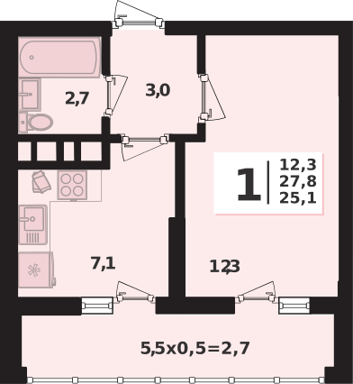 Планировка 1-комнатная, 27.8 м²