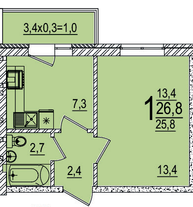 Планировка 1-комнатная, 26.8 м²