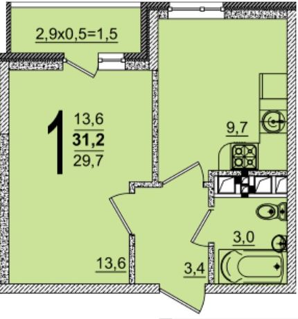 Планировка 1-комнатная, 31.2 м²