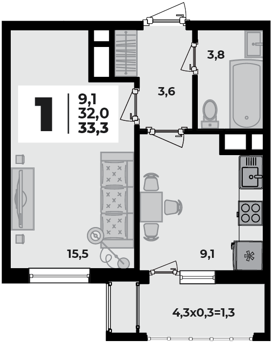 Планировка 1-комнатная, 33.3 м²