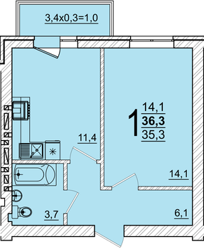 Планировка 1-комнатная, 36.3 м²