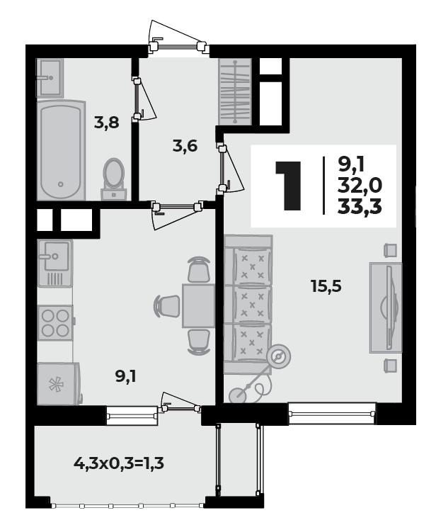 Планировка 1-комнатная, 33.3 м²