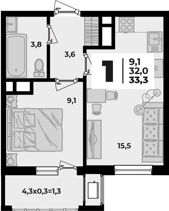 Планировка 1-комнатная, 33.3 м²