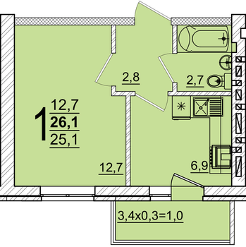 Планировка 1-комнатная, 26 м²